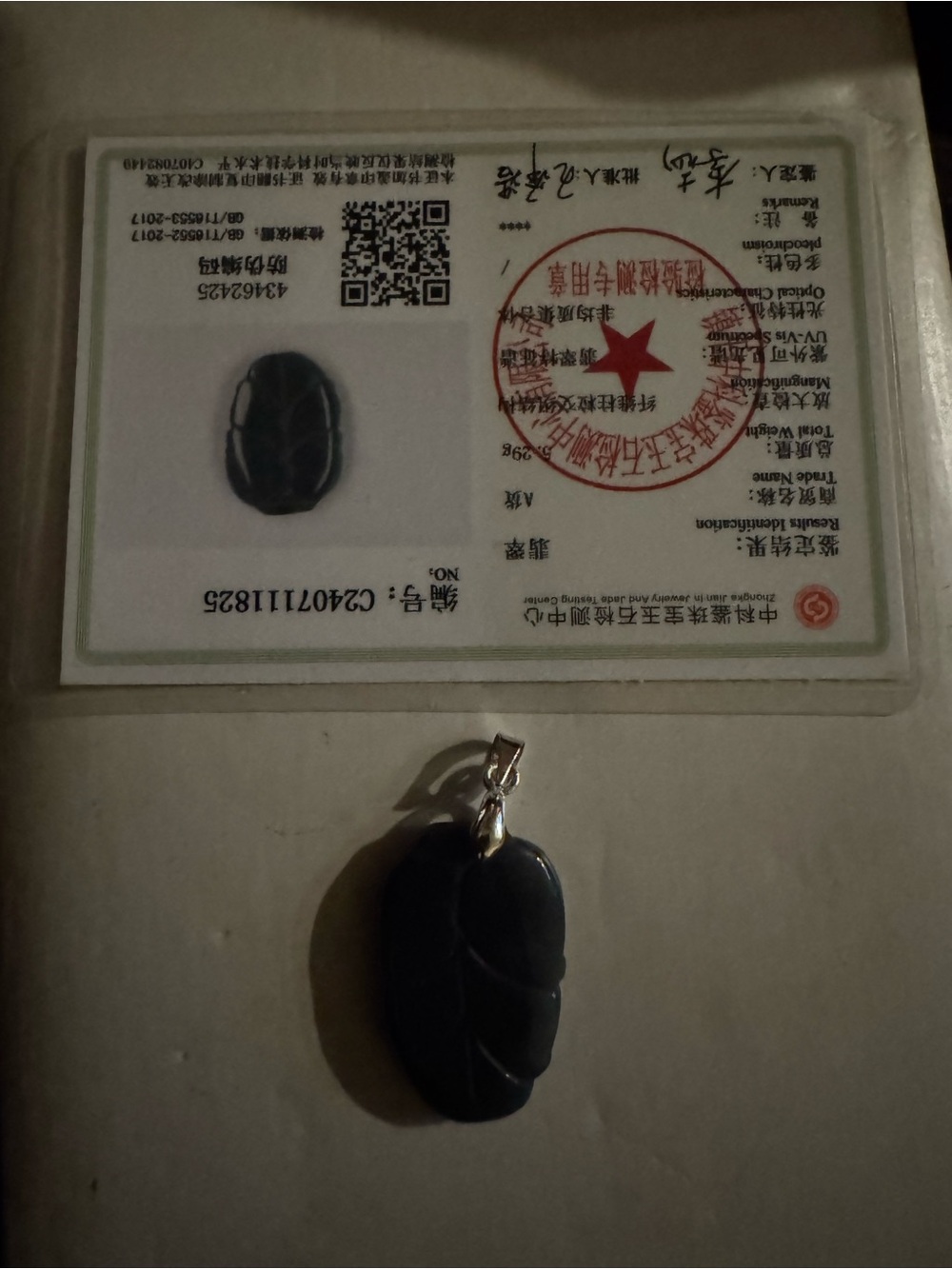 Black Leaf-Shaped certified jade  Stone Pendant